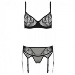 Passion Leafa - Set Intimo, Taglia L/XL, Trio Pizzo Nero, Perizoma, Reggiseno, Reggicalze