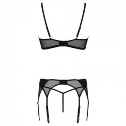 Passion Leafa - Set Intimo, Taglia L/XL, Trio Pizzo Nero, Perizoma, Reggiseno, Reggicalze
