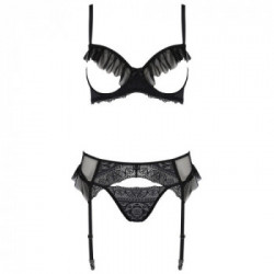 Passion Kerria - Set Intimo, Taglia S/M, Trio Pizzo Nero, Provocante, Perizoma, Reggiseno, Reggicalze