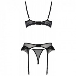 Passion Kerria - Set Intimo, Taglia S/M, Trio Pizzo Nero, Provocante, Perizoma, Reggiseno, Reggicalze