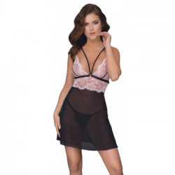 Cottelli Lingerie - Completino Babydoll, Rosa e Nero, Taglia L, Pizzo, Trasparente