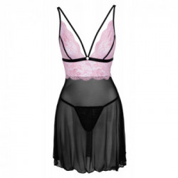 Cottelli Lingerie - Completino Babydoll, Rosa e Nero, Taglia L, Pizzo, Trasparente