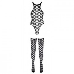 NoXqse - Body a Rete con Calze, Nero, Taglia S-L, Provocante, Nero, Ouvert
