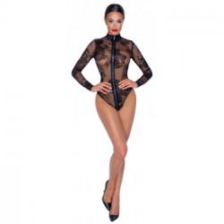 Noir Handmade - Body Nero Trasparente con Zip, Taglia S, Velluto, Disegno Floreale, Trasparente