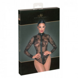 Noir Handmade - Body Nero Trasparente con Zip, Taglia L, Velluto, Disegno Floreale, Trasparente