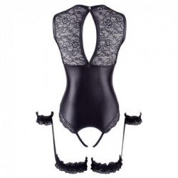 Cottelli Bondage - Body Nero con Seno e Vagina Scoperti, Taglia M, Pizzo a Fiori, Giarrettiere , Manette