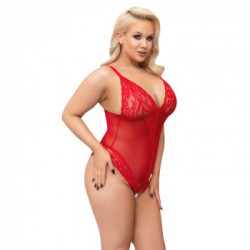 Cottelli Curves Crotchless Body Red - Trasparente, Inserti in Pizzo, Seducente,Taglia 2XL