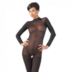 NoXqse Catsuit With Lace Collar - Tutina Intima Nera, Aperta all' Inguine, Taglia S-M