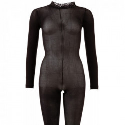 NoXqse Catsuit With Lace Collar - Tutina Intima Nera, Aperta all' Inguine, Taglia S-M