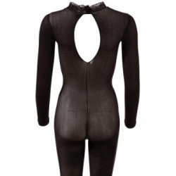 NoXqse Catsuit With Lace Collar - Tutina Intima Nera, Aperta all' Inguine, Taglia S-M