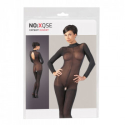 NoXqse Catsuit With Lace Collar - Tutina Intima Nera, Aperta all' Inguine, Taglia S-M