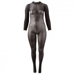 NoXqse Catsuit With Lace Collar - Tutina Intima Nera, Aperta all' Inguine, Taglia XL-XXL