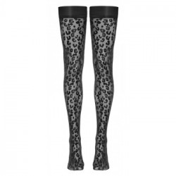 Cottelli Legwear Hold Up Stockings Leo - Calze Autoreggenti, Nere, Leopardate, Taglia 4