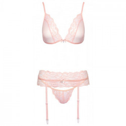 Kissable BH Set - Completino Intimo Rosa con Pizzo, Reggiseno + Perizoma + Reggicalze, Taglia S-M