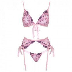 Kissable BH Set - Completino Intimo Rosa con Ricami Floreali, Reggiseno + Perizoma + Reggicalze, Taglia S-M