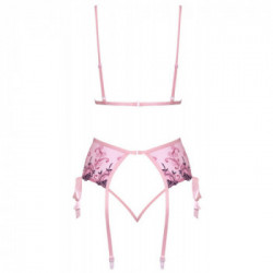 Kissable BH Set - Completino Intimo Rosa con Ricami Floreali, Reggiseno + Perizoma + Reggicalze, Taglia S-M