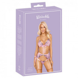 Kissable BH Set - Completino Intimo Rosa con Ricami Floreali, Reggiseno + Perizoma + Reggicalze, Taglia L-XL