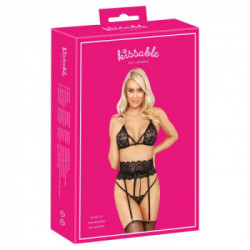 Kissable Elegant Set - Completino Intimo in Pizzo Nero, Reggiseno + Perizoma + Reggicalze, Taglia S-M