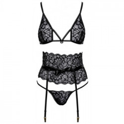 Kissable Elegant Set - Completino Intimo in Pizzo Nero, Reggiseno + Perizoma + Reggicalze, Taglia S-M