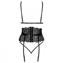 Kissable Elegant Set - Completino Intimo in Pizzo Nero, Reggiseno + Perizoma + Reggicalze, Taglia S-M