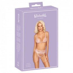 Kissable BH Set - Completino Intimo Rosa con Pizzo, Reggiseno + Perizoma + Reggicalze, Taglia L-XL