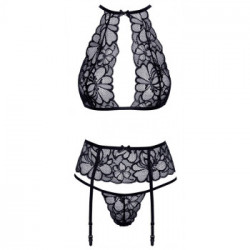 Kissable Floreal 2 - Completino Intimo Nero in Pizzo Floreale, Reggiseno + Perizoma + Reggicalze, Taglia S-M