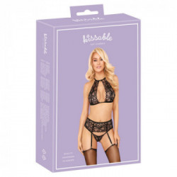 Kissable Floreal 2 - Completino Intimo Nero in Pizzo Floreale, Reggiseno + Perizoma + Reggicalze, Taglia L-XL