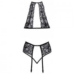 Kissable Floreal 2 - Completino Intimo Nero in Pizzo Floreale, Reggiseno + Perizoma + Reggicalze, Taglia L-XL