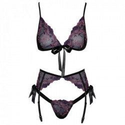 Kissable Floreal Set - Completino Intimo Nero con Ricami Floreali, Reggiseno + Perizoma + Reggicalze, Taglia S-M