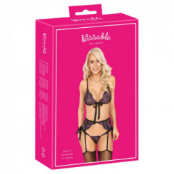 Kissable Floreal Set - Completino Intimo Nero con Ricami Floreali, Reggiseno + Perizoma + Reggicalze, Taglia L-XL