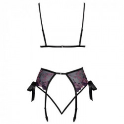 Kissable Floreal Set - Completino Intimo Nero con Ricami Floreali, Reggiseno + Perizoma + Reggicalze, Taglia L-XL