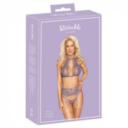 Kissable BH Set - Completino Intimo in Pizzo, Color Lavanda, Reggiseno + Perizoma + Reggicalze, Taglia L-XL
