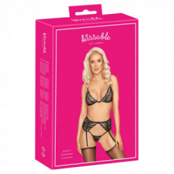 Kissable BH Set - Completino Intimo Nero con Pizzo, Reggiseno + Perizoma + Reggicalze, Taglia L-XL