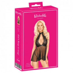 Kissable Open Back - Babydoll Trasparente Nero con Pizzo, Perizoma Nero Incluso, Taglia L-XL