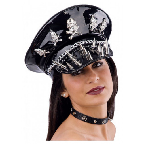 Cappello punk rock in vinile con teschi e punte...