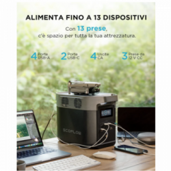 EcoFlow DELTA 2 Generatore Alimentatore mobile, Batteria L, capacità 1240Wh, uscita 1800W, 13 porte, ricarica 1,3 ore