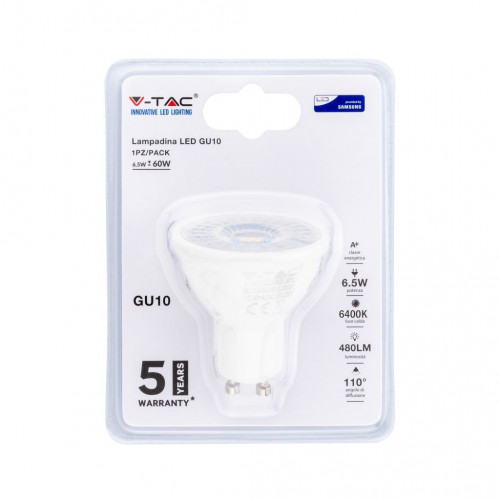 Faretto LED Chip Samsung GU10 6,5W 6400K...
