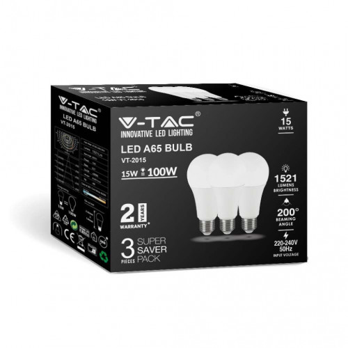 V-TAC Lampadina LED E27 15W A65 6500K (Box 3...