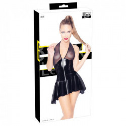 Black Level Mara - Miniabito Nero Lucido con Zip, Top Trasparente, Taglia S