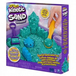 Kinetic Sand - Castello di sabbia glitterata, 453 g di Shimmer verde acqua, 5 formine e accessori, con vaschetta - per bambini