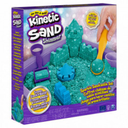 Kinetic Sand - Castello di sabbia glitterata, 453 g di Shimmer verde acqua, 5 formine e accessori, con vaschetta - per bambini