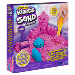 Kinetic Sand - Castello di sabbia glitterata, 453 g di Shimmer rosa, 5 formine e accessori con vaschetta - per bambini dai 3