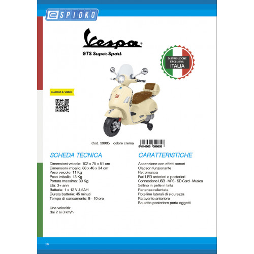 E-Spidko Vespa GTS Super Sport a batteria 12V,...
