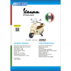 E-Spidko Vespa GTS Super Sport a batteria 12V, colore crema, mis. 102 x 75 x 51 cm, accensione con effetti sonori, clacson