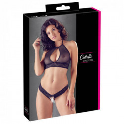 Cottelli Lingerie Barlette - Completino Intimo Nero Trasparente, Vagina Scoperta, Taglia S-M