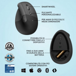 Logitech Lift Mouse Ergonomico Verticale, Senza Fili, Ricevitore Bluetooth o Logi Bolt USB, Clic Silenziosi, 4 Tasti,