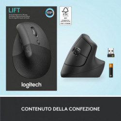 Logitech Lift Mouse Ergonomico Verticale, Senza Fili, Ricevitore Bluetooth o Logi Bolt USB, Clic Silenziosi, 4 Tasti,