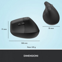 Logitech Lift Mouse Ergonomico Verticale, Senza Fili, Ricevitore Bluetooth o Logi Bolt USB, Clic Silenziosi, 4 Tasti,