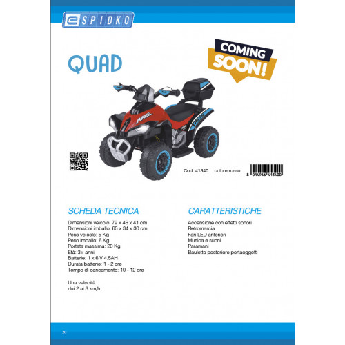 E-Spidko Quad elettrico 6V 4.5AH colore rosso,...