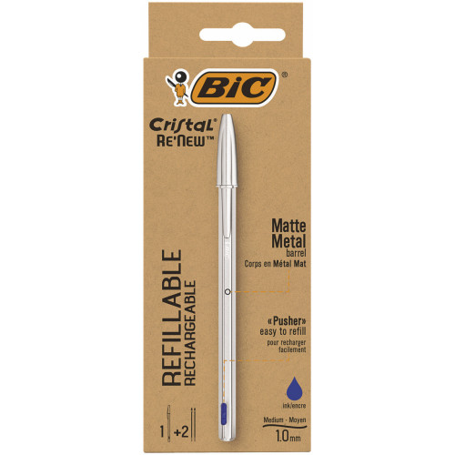 BIC Cristal Re'New, Penna Ricaricabile Blu a...